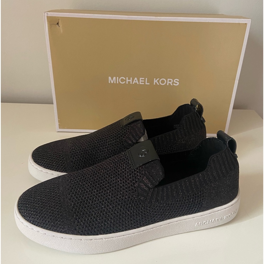 New Michael Kors Juno Knit Slip On Sneaker Women's Size 7 Stretch Black/Bronze - Picture 1 of 4